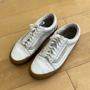 Vans old skool white leather shoes with gum sole, women’s size 9